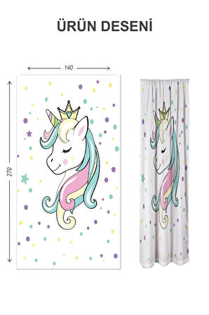 Dijital Baskı Yıkanabilir Unicorn Desenli 2 Kanat Bebek ve Çocuk Odası Fon Perdesi