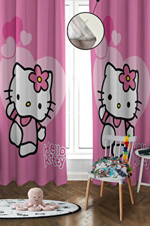Dijital Baskı Yıkanabilir Hello Kitty Desenli 2 Kanat Bebek ve Çocuk Odası Fon Perdesi