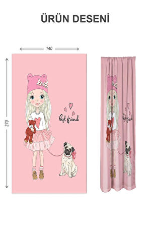 Dijital Baskı Yıkanabilir Kız ve Köpek Desenli 2 Kanat Bebek ve Çocuk Odası Fon Perdesi