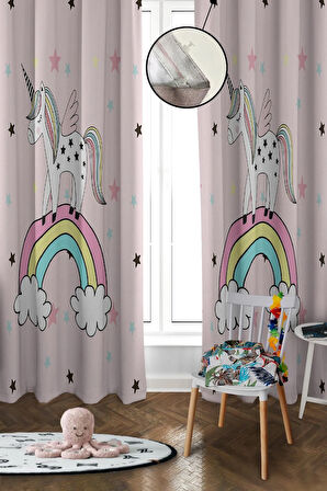 Dijital Baskı Yıkanabilir Unicorn Desenli 2 Kanat Bebek ve Çocuk Odası Fon Perdesi