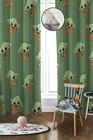 Dijital Baskı Yıkanabilir Baby Yoda Desenli 2 Kanat Bebek ve Çocuk Odası Fon Perdesi