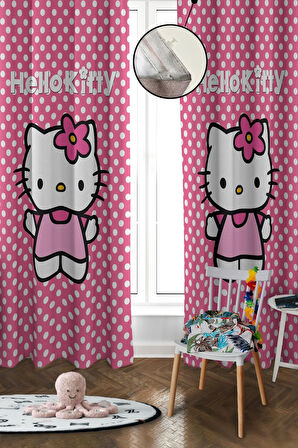 Dijital Baskı Yıkanabilir Hello Kitty Desenli 2 Kanat Bebek ve Çocuk Odası Fon Perdesi