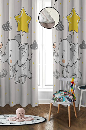 Dijital Baskı Yıkanabilir Fil Desenli 2 Kanat Bebek ve Çocuk Odası Fon Perdesi