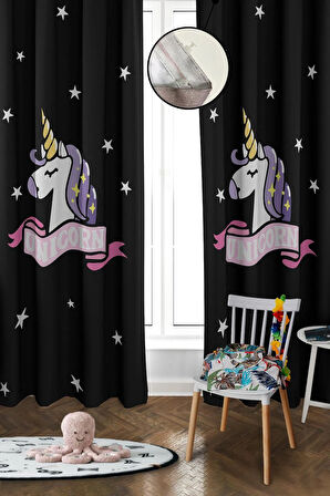 Dijital Baskı Yıkanabilir Unicorn Desenli 2 Kanat Bebek ve Çocuk Odası Fon Perdesi