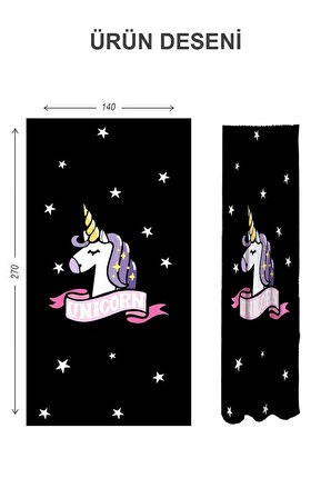 Dijital Baskı Yıkanabilir Unicorn Desenli 2 Kanat Bebek ve Çocuk Odası Fon Perdesi