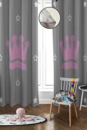 Dijital Baskı Yıkanabilir Taç Desenli 2 Kanat Bebek ve Çocuk Odası Fon Perdesi