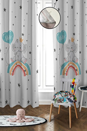 Dijital Baskı Yıkanabilir Gökkuşağı Fil Desenli 2 Kanat Bebek ve Çocuk Odası Fon Perdesi