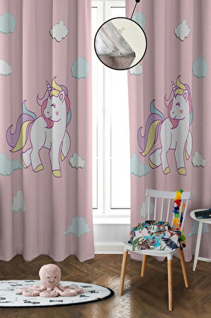 Dijital Baskı Yıkanabilir Unicorn Desenli 2 Kanat Bebek ve Çocuk Odası Fon Perdesi