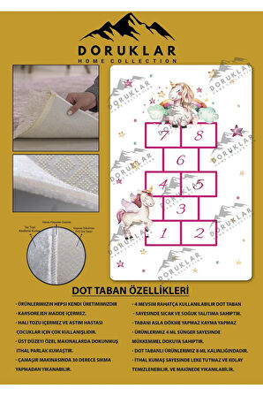 Kaymaz Taban Makinede Yıkanabilir Dijital Baskı Unicorn Seksek Desenli Çocuk Odası Halısı Dot Taban Halı