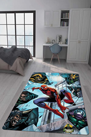 Kaymaz Taban Makinede Yıkanabilir Dijital Baskı Spiderman Desenli Çocuk Odası Halısı Dot Taban Halı