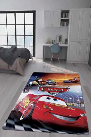 Kaymaz Taban Makinada Yıkanabilir Dijital Baskı Şimşek Mcqueen Desenli Çocuk Odası Halısı Dot Taban Halı