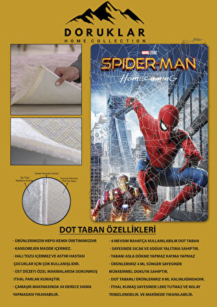 Kaymaz Taban Makinede Yıkanabilir Dijital Baskı Spiderman Desenli Çocuk Odası Halısı Dot Taban Halı