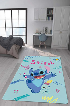 Kaymaz Taban Makinada Yıkanabilir Dijital Baskı Stitch Desenli Çocuk Odası Halısı Dot Taban Halı 0001