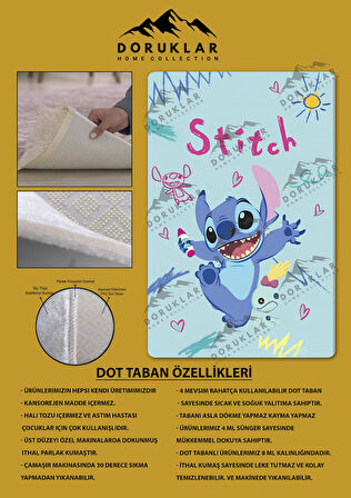 Kaymaz Taban Makinada Yıkanabilir Dijital Baskı Stitch Desenli Çocuk Odası Halısı Dot Taban Halı 0001