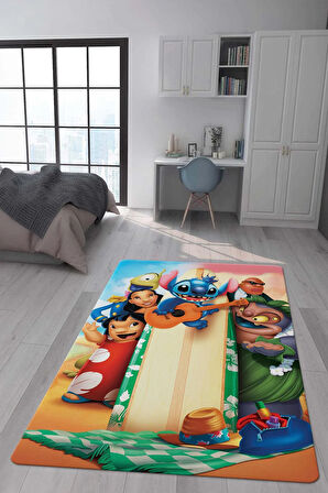 Kaymaz Taban Makinede Yıkanabilir Dijital Baskı Stitch Desenli Çocuk Odası Halısı Dot Taban Halı 0003