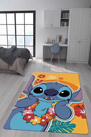 Kaymaz Taban Makinede Yıkanabilir Dijital Baskı Stitch Desenli Çocuk Odası Halısı Dot Taban Halı 0006