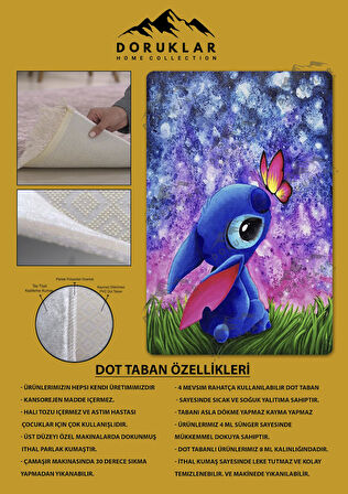 Kaymaz Taban Makinede Yıkanabilir Dijital Baskı Stitch Desenli Çocuk Odası Halısı Dot Taban Halı 0010