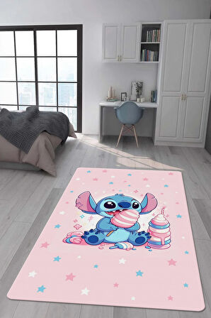 Kaymaz Taban Makinede Yıkanabilir Dijital Baskı Stitch Desenli Çocuk Odası Halısı Dot Taban Halı 0011