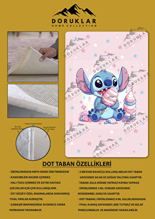 Kaymaz Taban Makinede Yıkanabilir Dijital Baskı Stitch Desenli Çocuk Odası Halısı Dot Taban Halı 0011