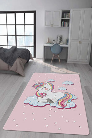 Kaymaz Taban Makinede Yıkanabilir Dijital Baskı Unicorn Desenli Çocuk Odası Halısı Dot Taban Halı