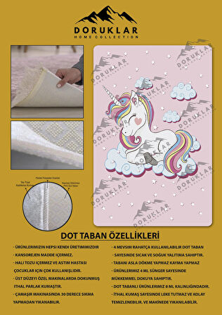 Kaymaz Taban Makinede Yıkanabilir Dijital Baskı Unicorn Desenli Çocuk Odası Halısı Dot Taban Halı