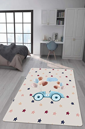Kaymaz Taban Makinede Yıkanabilir Dijital Baskı Araba Desenli Çocuk Odası Halısı Dot Taban Halı
