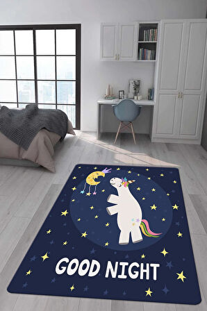 Kaymaz Taban Makinede Yıkanabilir Dijital Baskı Unicorn Desenli Çocuk Odası Halısı Dot Taban Halı