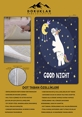 Kaymaz Taban Makinede Yıkanabilir Dijital Baskı Unicorn Desenli Çocuk Odası Halısı Dot Taban Halı
