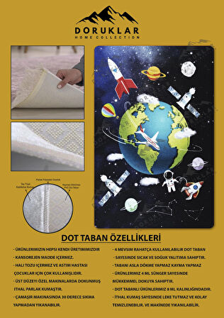 Kaymaz Taban Makinede Yıkanabilir Dijital Baskı Uzay Desenli Çocuk Odası Halısı Dot Taban Halı