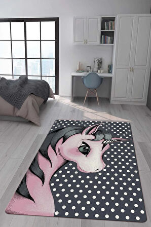 Kaymaz Taban Makinede Yıkanabilir Dijital Baskı Pembe Unicorn Desenli Çocuk Odası Halısı Dot Taban Halı