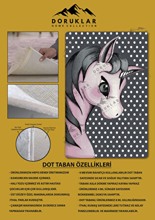 Kaymaz Taban Makinede Yıkanabilir Dijital Baskı Pembe Unicorn Desenli Çocuk Odası Halısı Dot Taban Halı