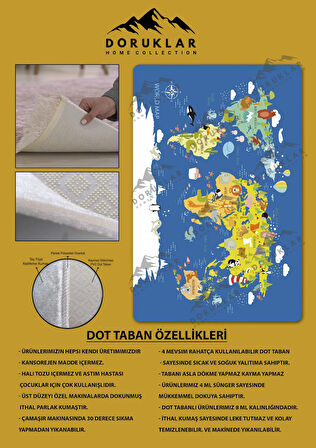Kaymaz Taban Makinede Yıkanabilir Dijital Baskı Dünya Haritası Desenli Çocuk Odası Halısı Dot Taban Halı