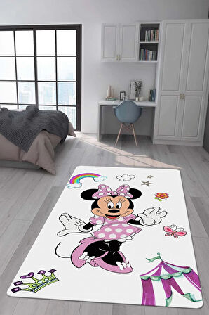 Kaymaz Taban Makinede Yıkanabilir Dijital Baskı Minnie Mouse Desenli Çocuk Odası Halısı Dot Taban Halı