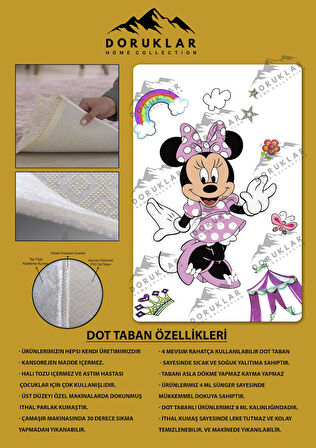 Kaymaz Taban Makinede Yıkanabilir Dijital Baskı Minnie Mouse Desenli Çocuk Odası Halısı Dot Taban Halı