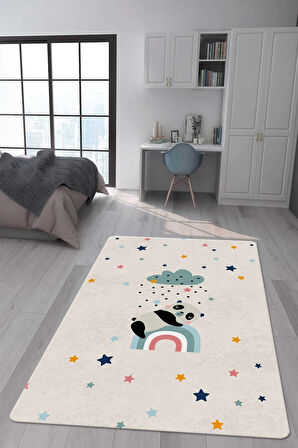 Kaymaz Taban Makinede Yıkanabilir Dijital Baskı Panda Desenli Çocuk Odası Halısı Dot Taban Halı
