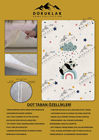 Kaymaz Taban Makinede Yıkanabilir Dijital Baskı Panda Desenli Çocuk Odası Halısı Dot Taban Halı