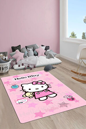 Kaymaz Taban Makinede Yıkanabilir Dijital Baskı Hello Kitty Desenli Çocuk Odası Halısı Dot Taban Halı