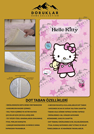 Kaymaz Taban Makinede Yıkanabilir Dijital Baskı Hello Kitty Desenli Çocuk Odası Halısı Dot Taban Halı