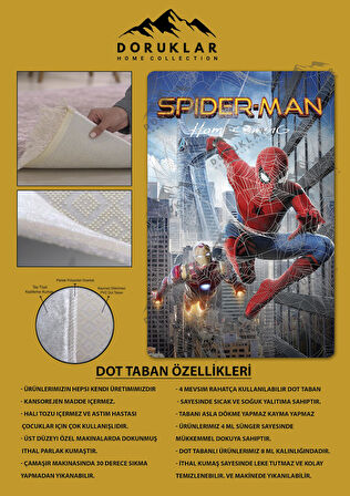 Kaymaz Taban Makinede Yıkanabilir Dijital Baskı Spiderman Desenli Çocuk Odası Halısı Dot Taban Halı