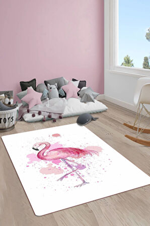 Kaymaz Taban Makinede Yıkanabilir Dijital Baskı Flamingo Desenli Çocuk Odası Halısı Dot Taban Halı