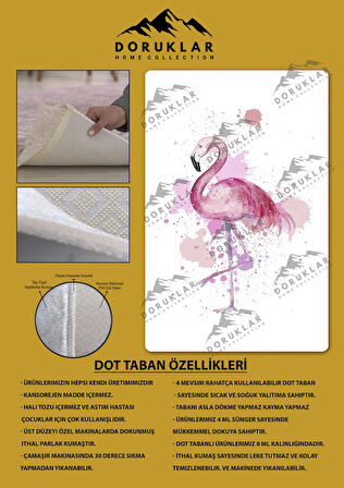 Kaymaz Taban Makinede Yıkanabilir Dijital Baskı Flamingo Desenli Çocuk Odası Halısı Dot Taban Halı