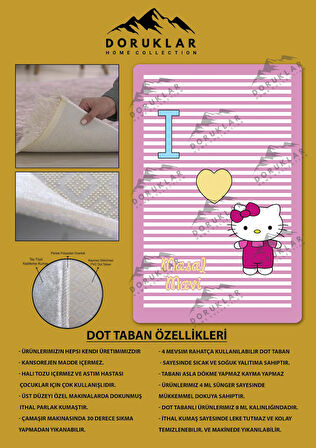Kaymaz Taban Makinede Yıkanabilir Dijital Baskı Hello Kitty Desenli Çocuk Odası Halısı Dot Taban Halı