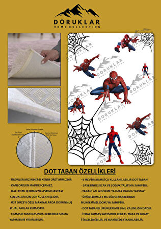 Kaymaz Taban Makinede Yıkanabilir Dijital Baskı Spiderman Desenli Çocuk Odası Halısı Dot Taban Halı