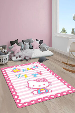Kaymaz Taban Makinede Yıkanabilir Dijital Baskı Hello Kitty Desenli Çocuk Odası Halısı Dot Taban Halı