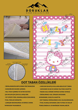 Kaymaz Taban Makinede Yıkanabilir Dijital Baskı Hello Kitty Desenli Çocuk Odası Halısı Dot Taban Halı