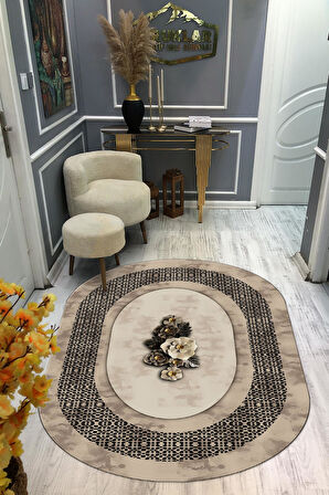 Kaymaz Taban Yıkanabilir Dijital Baskı Oval Kesim Dekoratif Modern Desenli Dot Taban Halı OVAL018