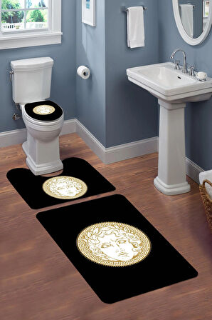 Yıkanabilir Kaymaz Tabanlı Modern Desenli 3'lü Klozet Takımı Banyo Paspas Seti APL03