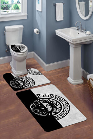 Yıkanabilir Kaymaz Tabanlı Modern Desenli 3'lü Klozet Takımı Banyo Paspas Seti APL04