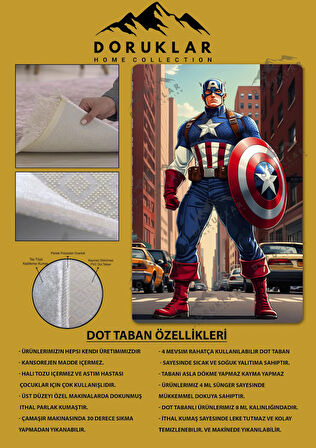 Kaymaz Taban Makinede Yıkanabilir Dijital Baskı Captan America Desenli Genç Odası Halısı Dot Taban Halı Gnc07