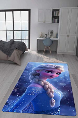 Kaymaz Taban Makinada Yıkanabilir Dijital Baskı Elsa Frozen Desenli Genç Odası Halısı Dot Taban Halı GNC15
